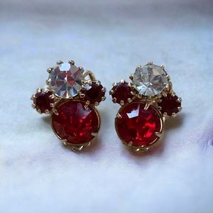 Dainty Vintage Ruby Red Rhinestone Silver Metal Clip On Earrings Old Hollywood
